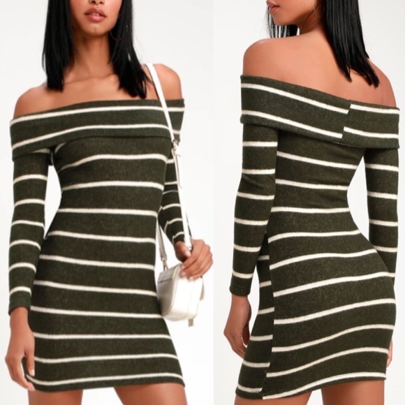 Lulus Nella Olive Green Striped Off-the-Shoulder Sweater Dress - Picture 1 of 12